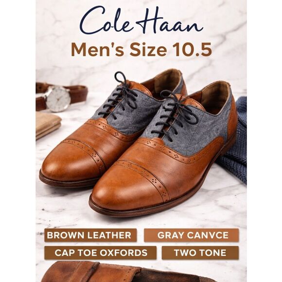 Cole Haan Men’s 10.5 Brown Leather Gray Canvas Cap Toe Oxford Shoes main image 4